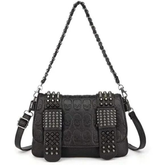 New Women Studded Crossbody Purse Black Skull Handbag - Picture 6 of 8